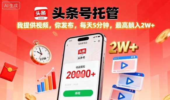 【头条号托管】我提供视频，你发布，每天5分钟，最高躺入2W+【揭秘】-yunhe
