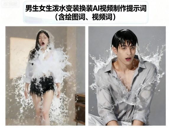 男生女生泼水变装换装AI视频制作提示词(含绘图词、视频词)-yunhe