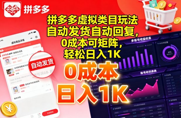 拼多多虚拟类目玩法，自动发货自动回复，0成本可矩阵，轻松日入1K【揭秘】-yunhe
