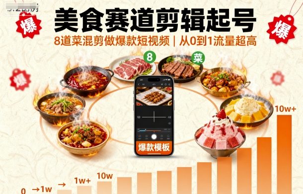 美食赛道剪辑起号，8道菜混剪做爆款短视频，从0到1，流量超高-yunhe