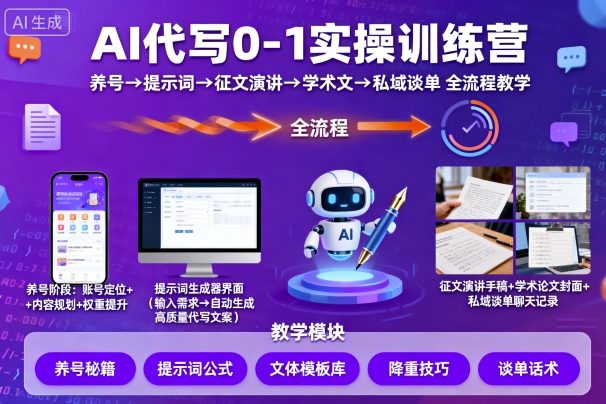 AI代写0-1实操训练营，从养号、提示词、征文演讲、学术文，到私域谈单的全流程教学-yunhe