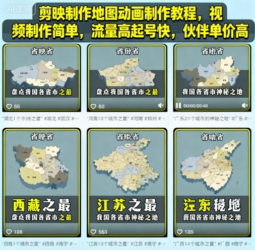 剪映制作地图动画制作教程，视频制作简单，流量高起号快，伙伴单价高-yunhe