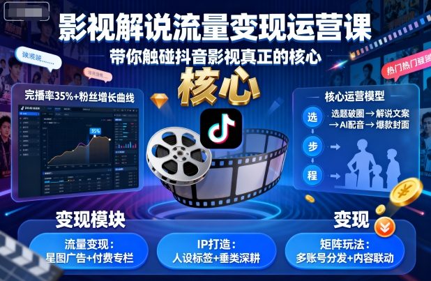 影视解说流量变现运营课，带你触碰抖音影视真正的核心-yunhe