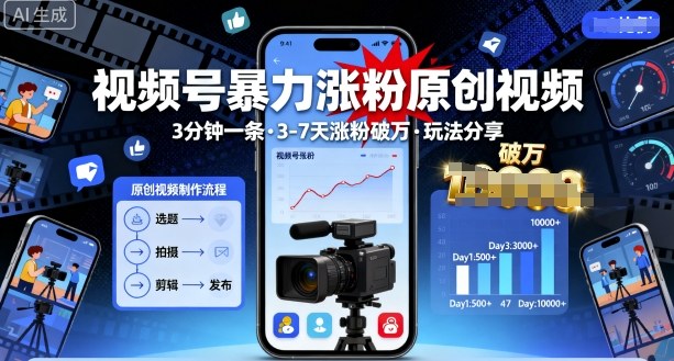 视频号暴力涨粉原创视频，3分钟一条原创视频，3-7天涨粉破万，玩法分享给你-yunhe