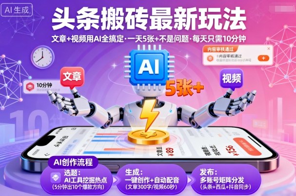 头条搬砖最新玩法，文章+视频用AI全搞定，一天5张+不是问题，每天只需10分钟-yunhe