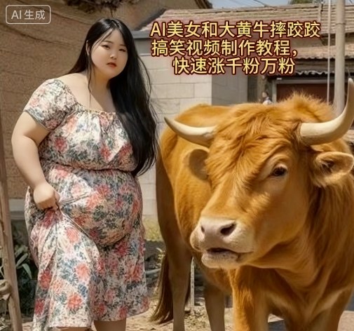AI美女和大黄牛摔跤搞笑荒诞视频制作教程，快速涨千粉万粉-yunhe