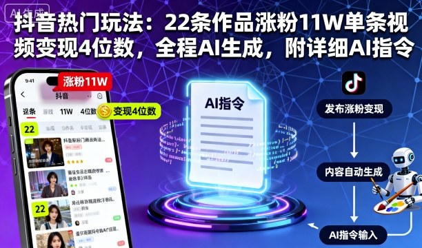抖音热门玩法：22条作品涨粉11W单条视频变现4位数，全程AI生成，附详细AI指令-yunhe