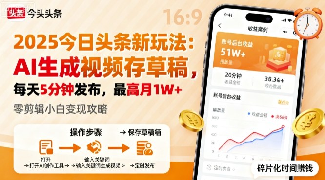 2025年今日头条躺賺新玩法，AI生成视频存草稿，每天5分钟发布，最高月1W+【揭秘】-yunhe