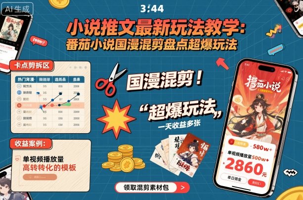 小说推文最新玩法教学，番茄小说国漫混剪盘点超爆玩法，全程干货，一天收益多张-yunhe