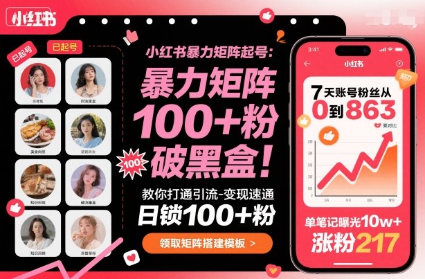 小红书暴力矩阵起号，教你打通引流-变现速通，日锁100+粉，破流量黑盒-yunhe