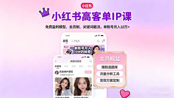 小红书高客单IP课，免费盈利模型、会员制、关键词截流，单账号月入10万+-yunhe