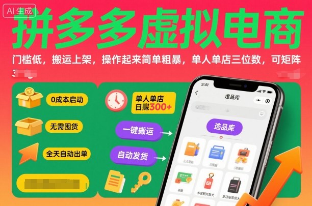 拼多多虚拟电商，门槛低，搬运上架，操作起来简单粗暴，单人单店三位数，可矩阵-yunhe