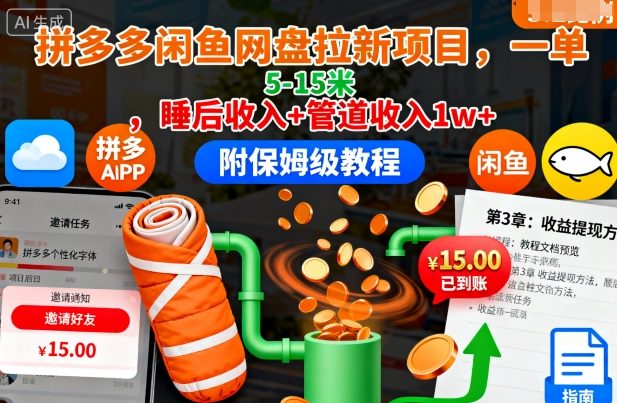 拼多多闲鱼网盘拉新项目，一单5-15米，睡后收入+管道收入1w+(附保姆级教程)-yunhe