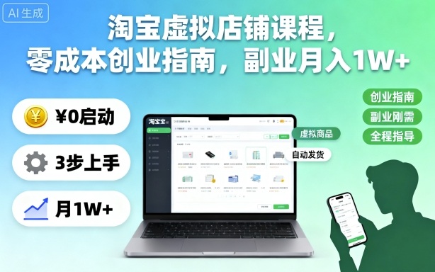 淘宝虚拟店铺课程，零成本创业指南，副业月入1W+-yunhe