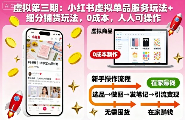 虚拟第三期：小红书虚拟单品服务玩法+细分铺货玩法，0成本，人人可操作-yunhe