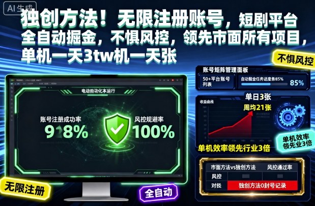 独创方法！无限注册账号，短剧平台全自动掘金，不惧风控，领先市面所有项目，单机一天3张【揭秘】-yunhe